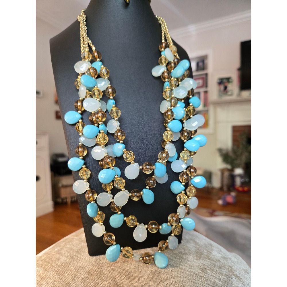 Crown Trifari Multistrand Lucite Crystal Blue Beaded Necklace Rare Stunning!
